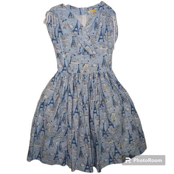 BERNIE DEXTER - Rare Vintage Retro Blue Paris Print Dress, Pin-up Style, M - Picture 2 of 6